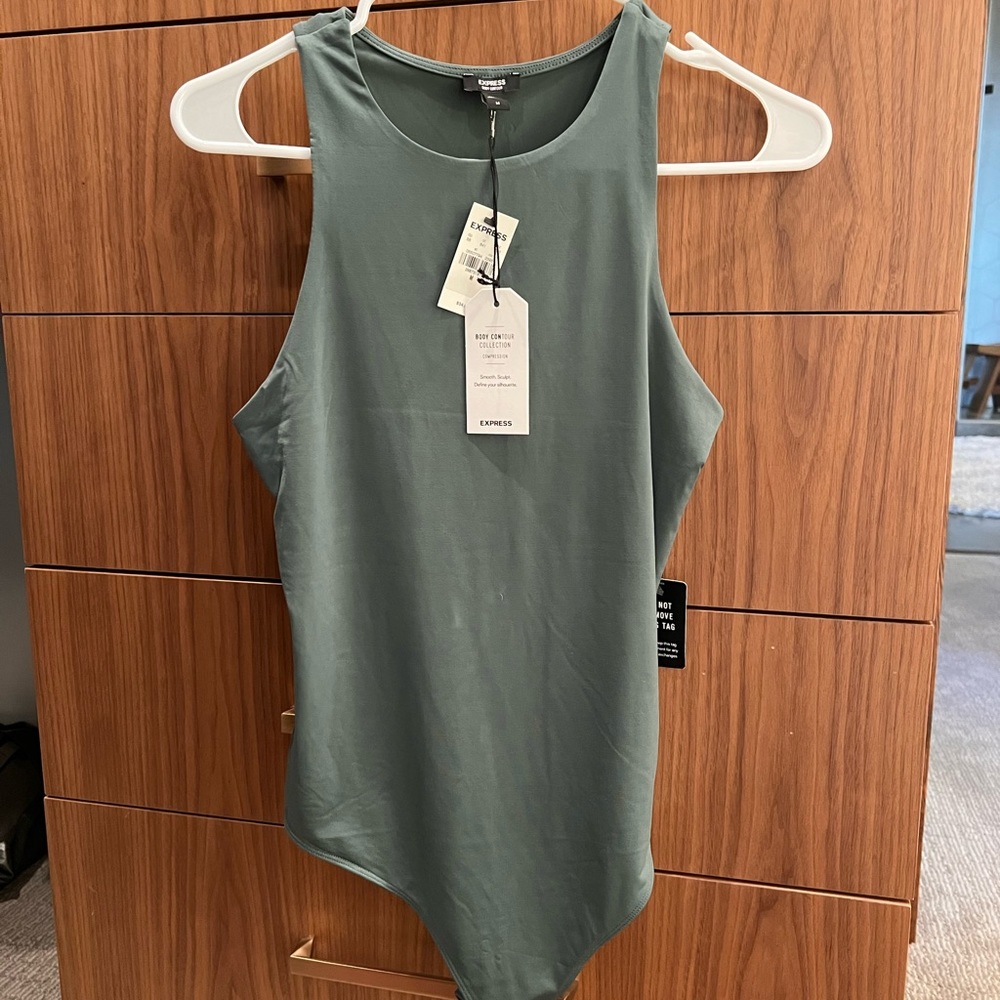 Express body contour double layer high neck thong bodysuit, size M